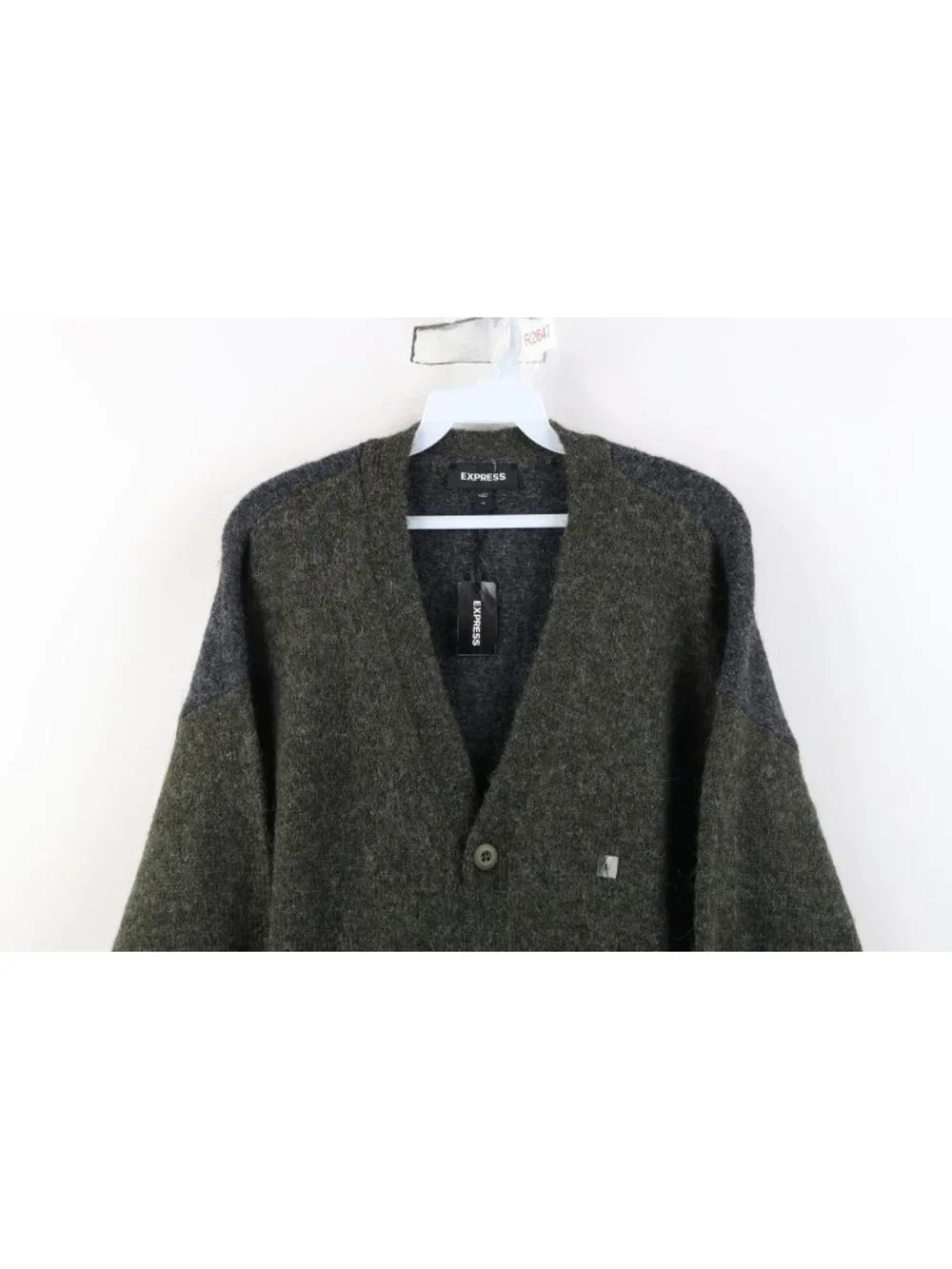 Deadstock Y2K Express Mens Medium Wool Blend Mohair Shag Cardigan Sweater Green